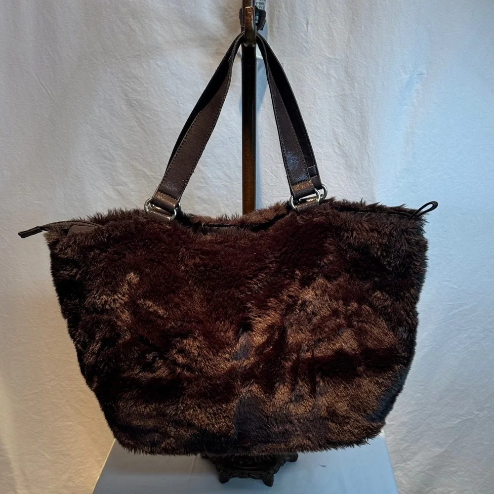 Black Faux Fur Tote Bag with Studded Straps